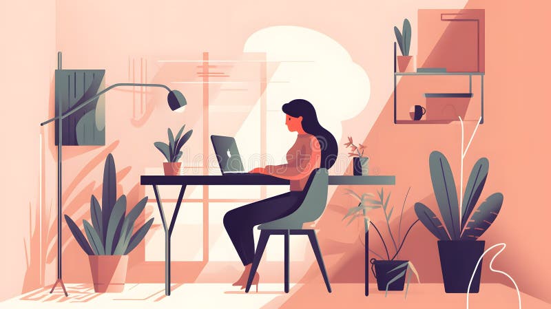 Woman working doing remote work at home, web illustration design, Generative AI stock illustration