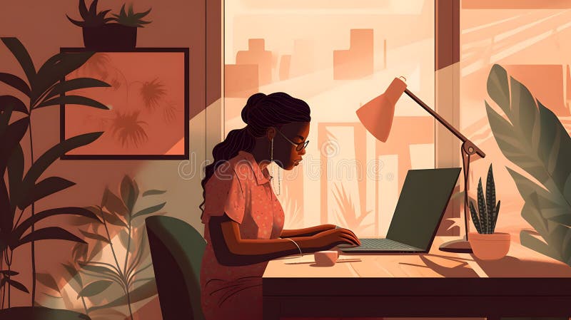 Woman working doing remote work at home, web illustration design, Generative AI stock illustration