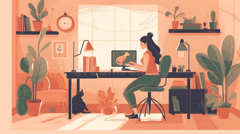 Woman working doing remote work at home, web illustration design, Generative AI stock illustration
