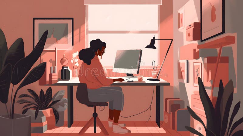 Woman working doing remote work at home, web illustration design, Generative AI royalty free illustration