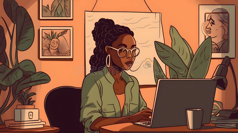 Woman working doing remote work at home, web illustration design, Generative AI royalty free illustration