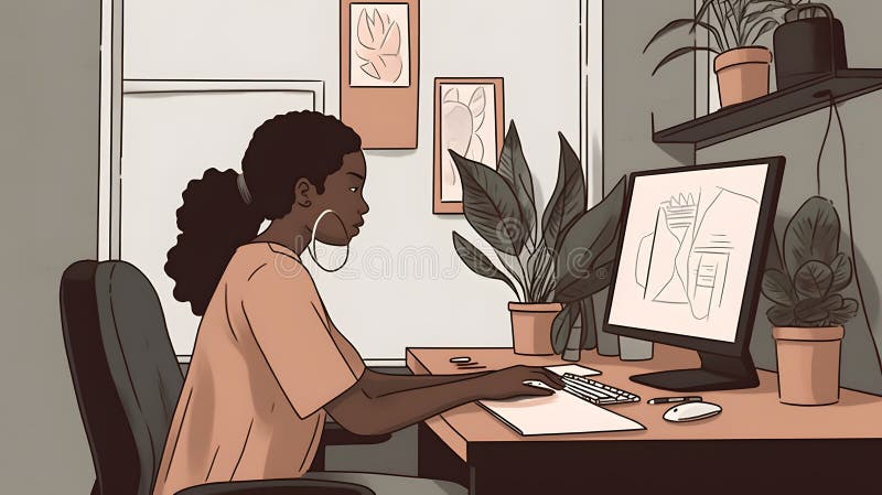 Woman working doing remote work at home, web illustration design, Generative AI royalty free illustration