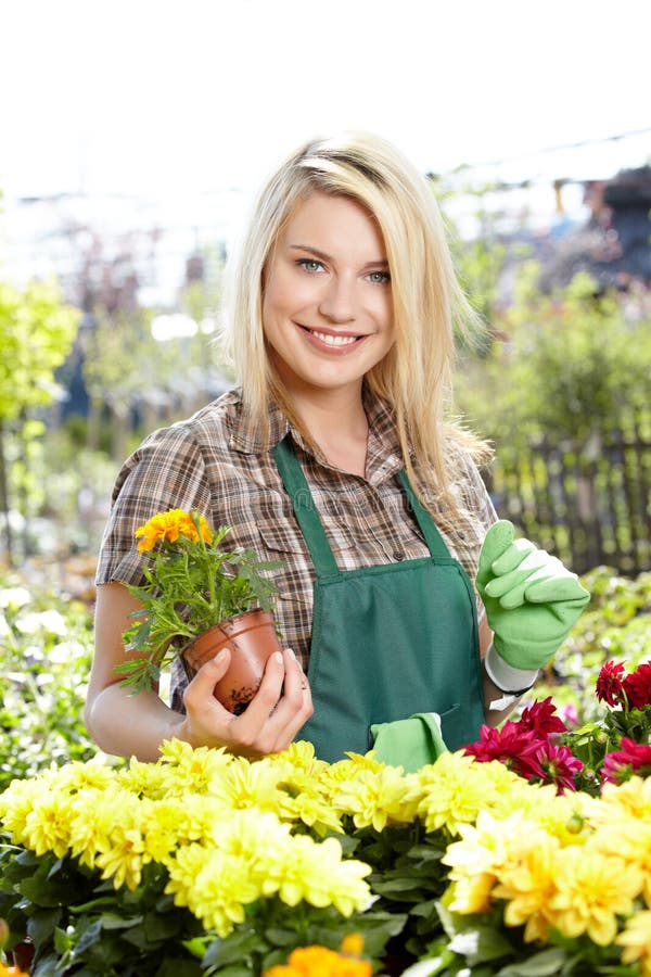 Woman Working with Flowers at a Greenhouse. Stock Image - Image of ...