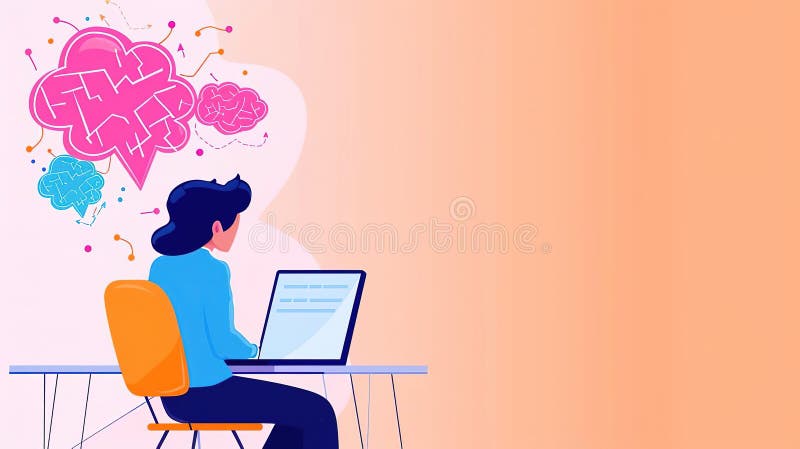 Woman working on laptop with brain clouds above her head, representing ideas and innovation stock illustration