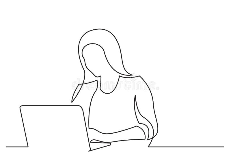 Woman working on laptop computer - continuous line drawing vector illustration