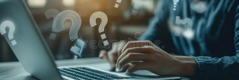 Woman working on a laptop with digital question marks surrounding her head. Concept of problem-solving, research, and stock image