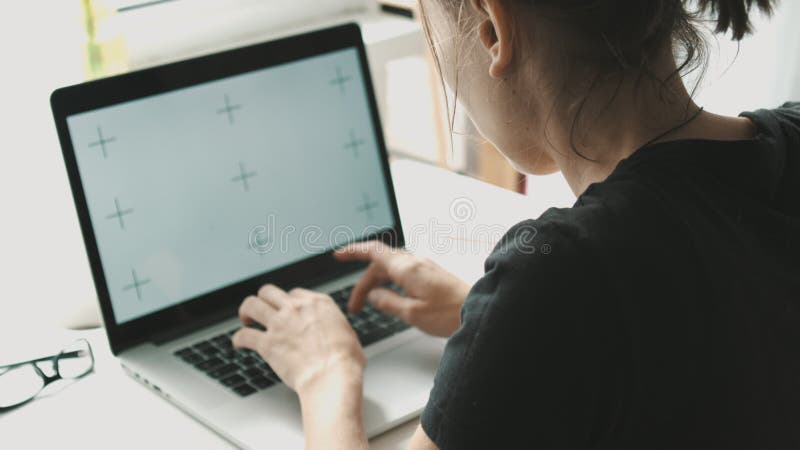 Woman working on laptop at home interier