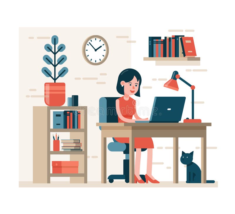Woman working on laptop sitting on chair at desk in home interior. Flat character