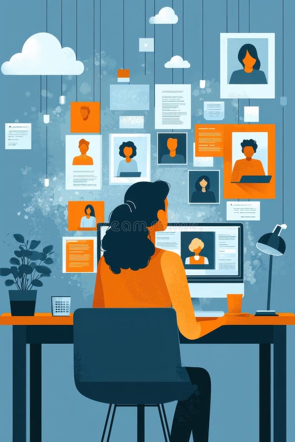 Illustration showing a woman at a computer working remotely, participating in a virtual meeting. Profiles of teammates are displayed above, suggesting online collaboration and networking. Carefully crafted to reflect remote work, communication, and connectivity in the digital era. The design emphasizes teamwork and the integration of people through technology. Networking profiles stock images, royalty-free photos and pictures
