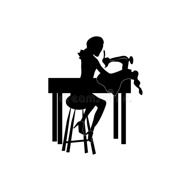 Woman working at a sewing machine black silhouette icon flat vector illustration isolated on white background