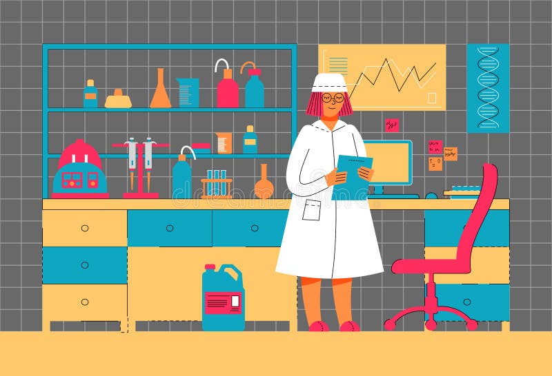 A woman works in a laboratory. Scientific experiment. Scientific work. stock illustration A woman works in a laboratory. Scientific experiment. Scientific work. stock illustration