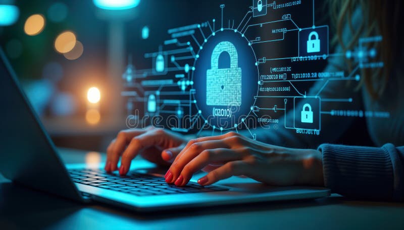 Woman works on laptop securing data. Protects personal info, banking online. Tech expert safeguards cyberspace. Uses firewall stock illustration