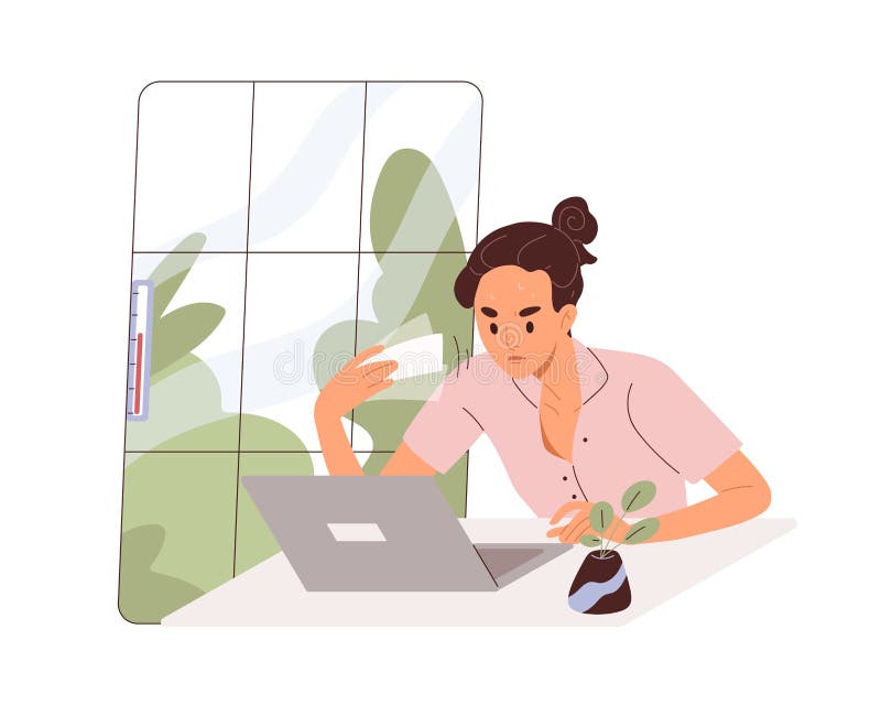 Woman works at laptop, sweating from heat, hot weather, high temperature. Office worker working at computer, fanning at vector illustration