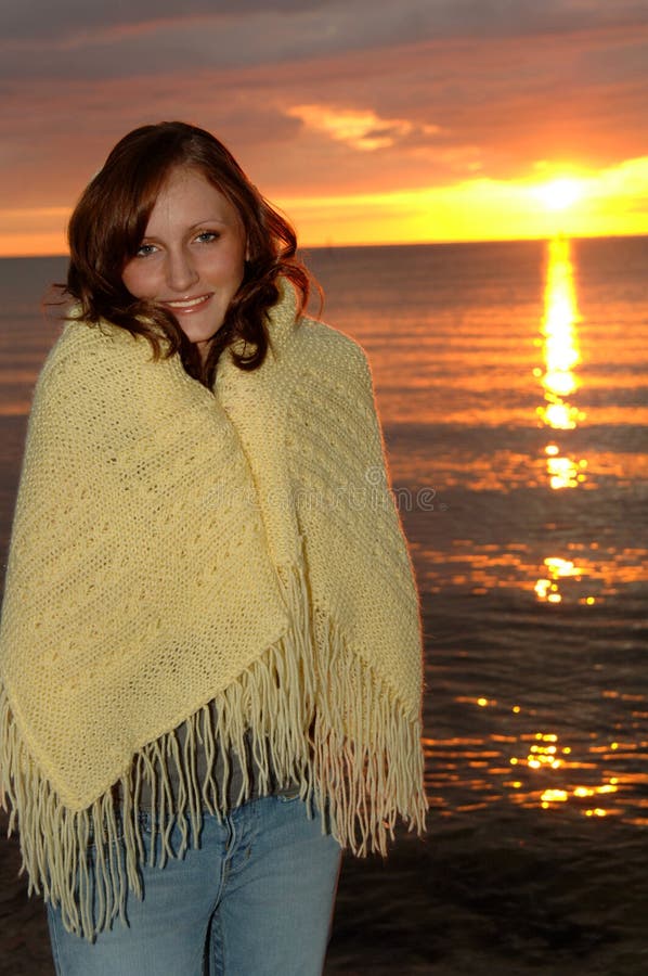 Cozy Woman Wrapped in Blanket at Sunset Stock Image Image of colorful