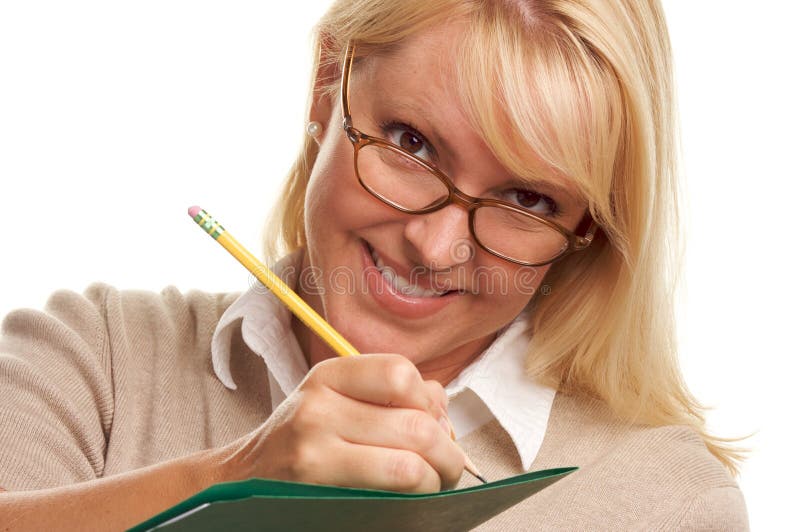 Woman Writes with Pencil on Folder stock photography Woman Writes with Pencil on Folder stock photography