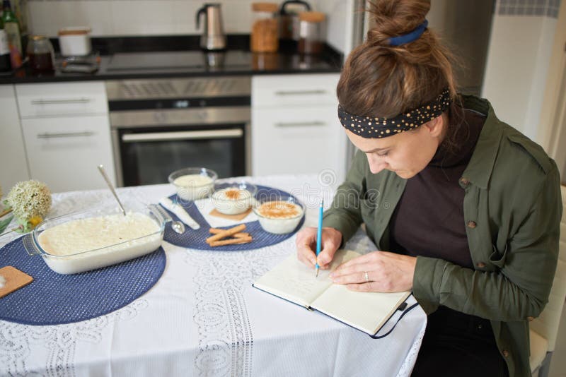 Woman Writing on Her Cookbook Interior Kitchen Stock Photo Image of