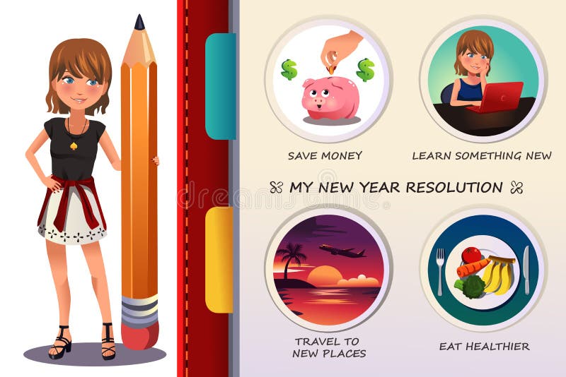 Woman writing about her new year resolution royalty free illustration
