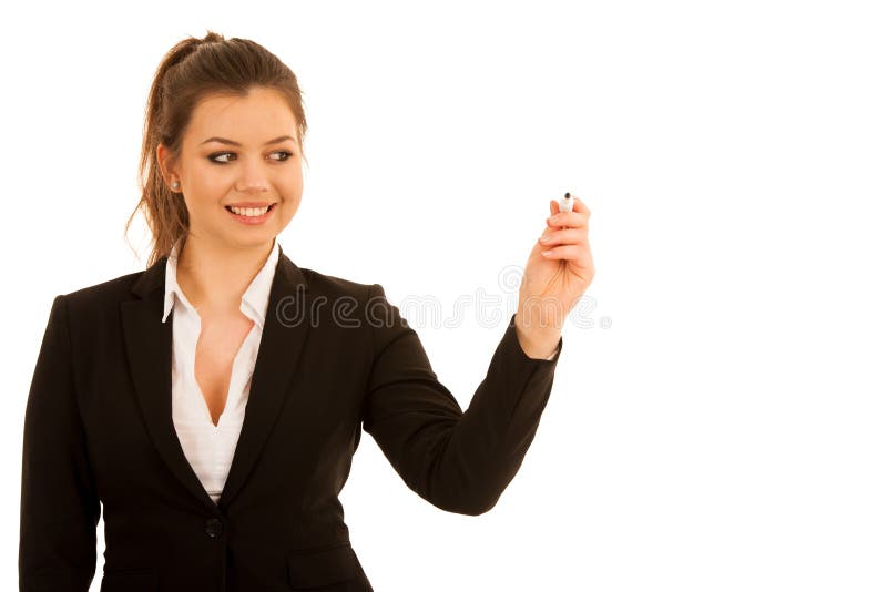 Woman writing on transparent board isolated over white background