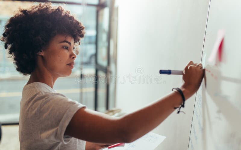 Woman writing on white board during a presentation