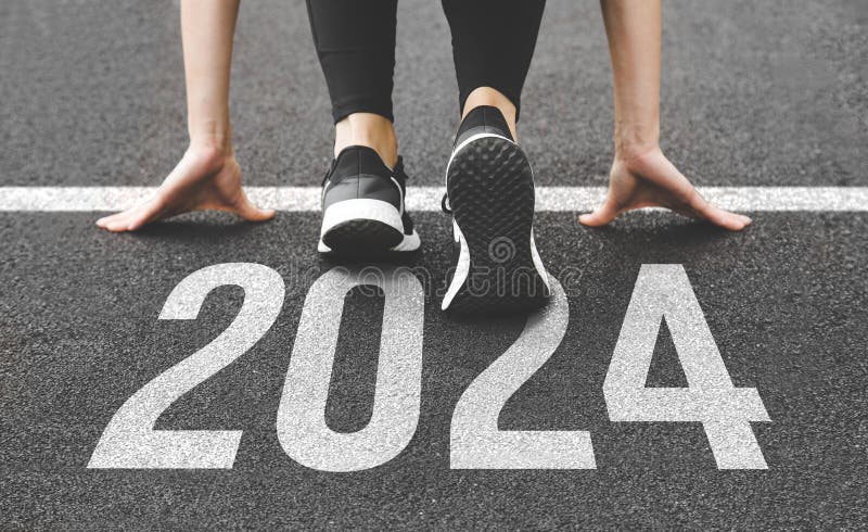 Woman& x27;s feet ont the road, begin to run, fstart of New year 2024, planning, goal, and new year resolution.