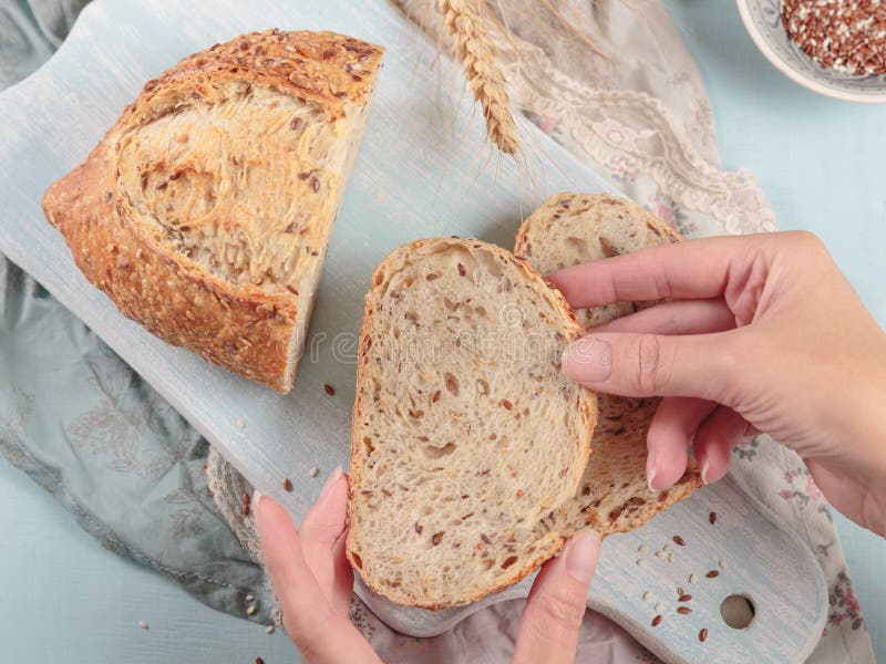 Sliced fresh baked whole grain bread with flax seeds