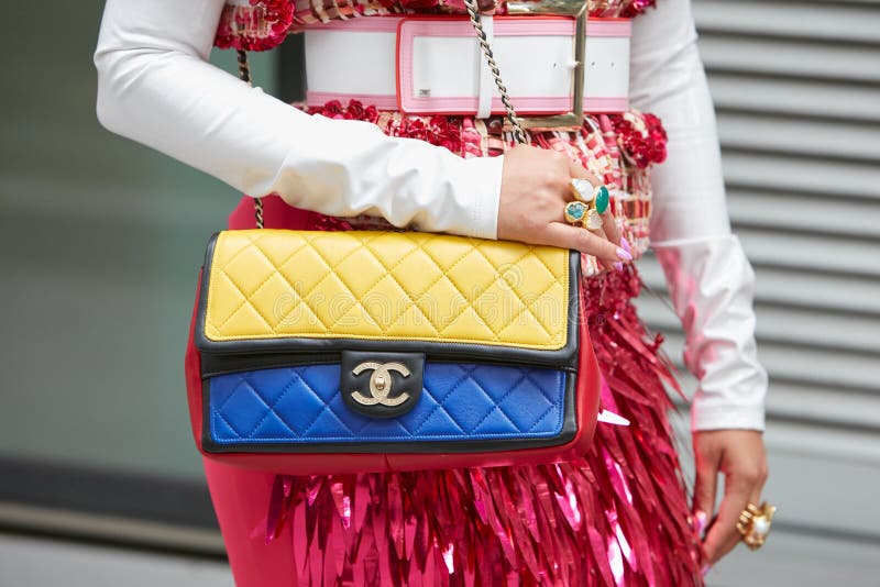 Men with Yellow and Blue Sequin Jacket and Chanel Bag before Giorgio Armani  Fashion Show, Milan Fashion Week Editorial Stock Image - Image of leather,  outfit: 194561784