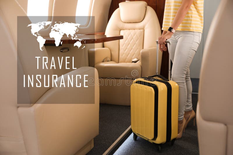 Woman with suitcase on plane. Travel insurance