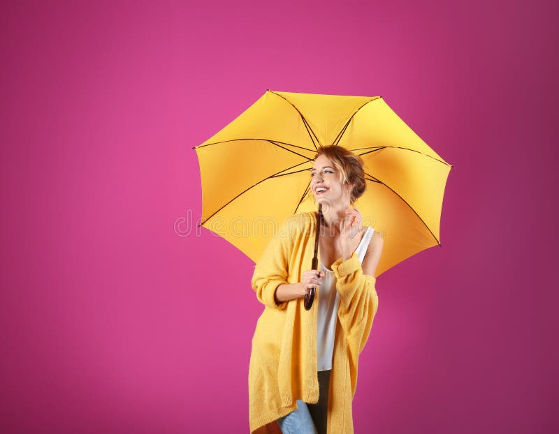 Woman with Yellow Umbrella on Color Background Stock Image - Image of happy, color: 128385763 Woman with Yellow Umbrella on Color Background Stock Image - Image of happy, color: 128385763