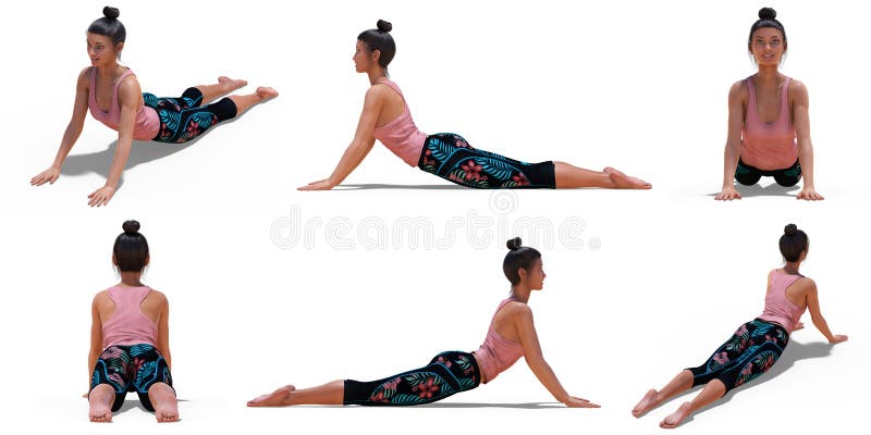 Woman in Yoga Cobra Pose with 6 angles of view