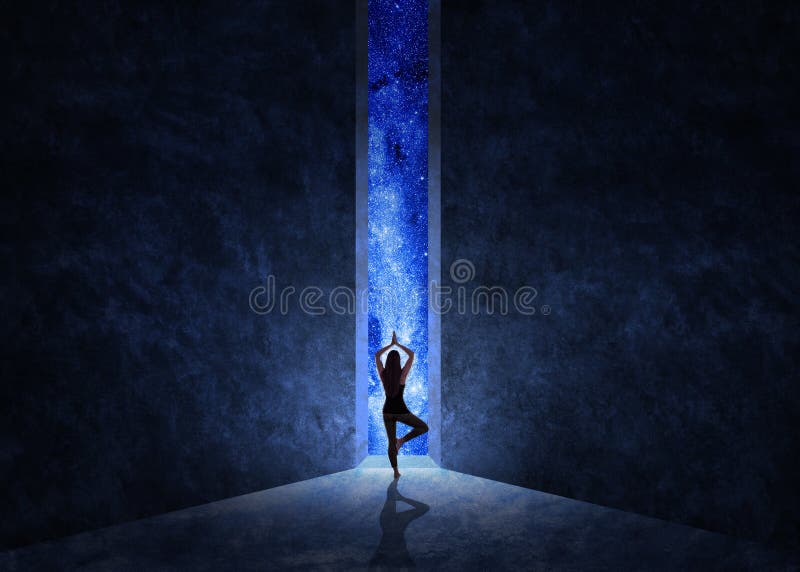 Woman in yoga pose in front of the universe