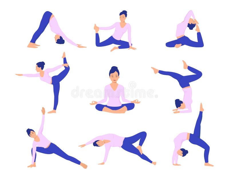 Yoga Basic Poses with Names Colored Vector Set with Woman. Stock Vector -  Illustration of pose, outline: 75008385
