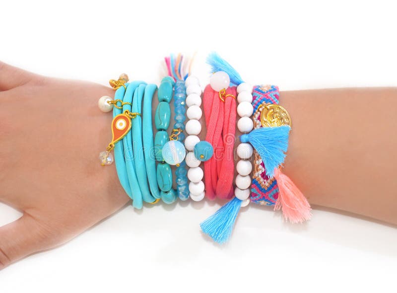 Womans hand wearing bohemian gypsy bracelets stock images Womans hand wearing bohemian gypsy bracelets stock images