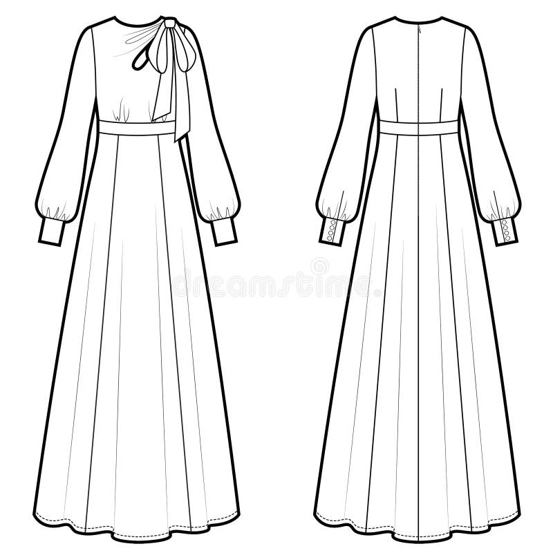 Maxi Dress with Long Sleeves and Stand-up Collar Fashion Sketch. Stock ...