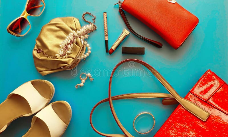 Women Accessories Summer White Sandals Ring Earring Red Handbag Hat ...