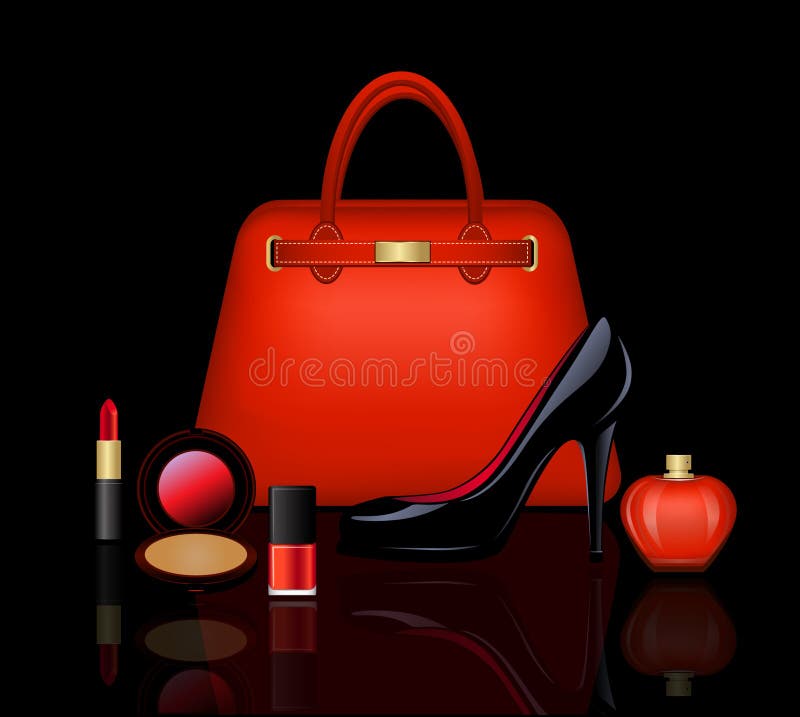 Woman set bag shoes and cosmetics Royalty Free Vector Image