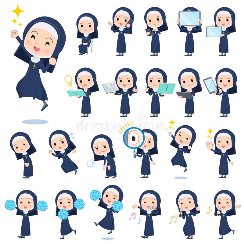 A set of Nun women with digital equipment such as smartphones.There are actions that express emotions.It`s vector art so it`s easy to edit. A set of Nun women with digital equipment such as smartphones.There are actions that express emotions.It`s vector art so it`s easy to edit.