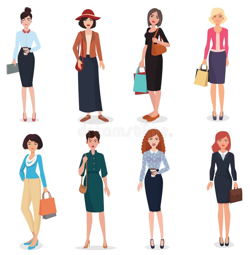 Women Adult In Business Office And Fashion Clothes. Beautiful Cartoon