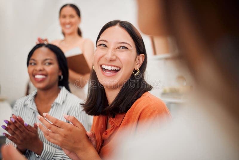 Women, applause and meeting with presentation at startup with smile, support and group celebration for goals. Business royalty free stock photos