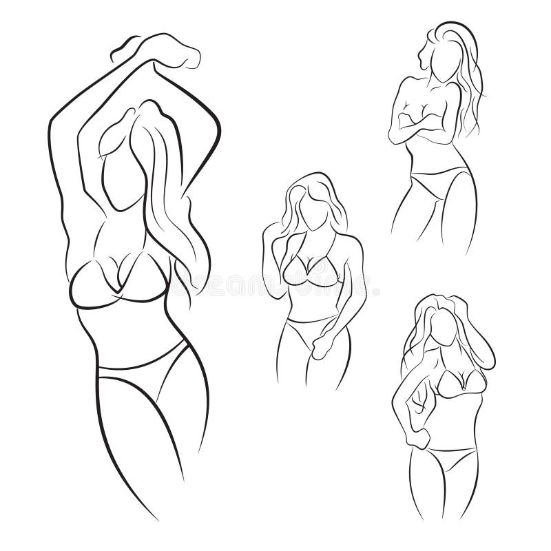 Set of hand drawn woman pose in bikini vector illustration.