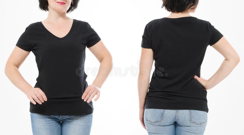 Download Women Black Blank T Shirt, Front And Back Rear View ...