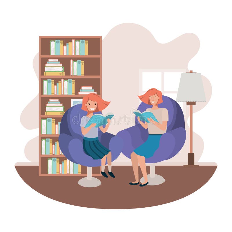 Women with book in livingroom avatar character vector illustration desing