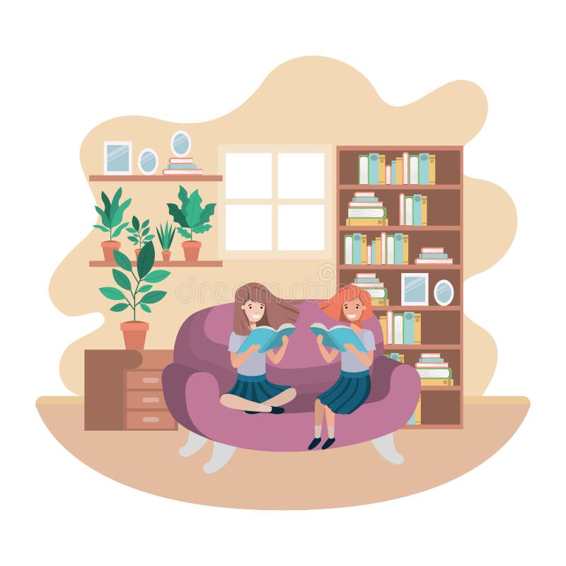 Women with book in livingroom avatar character vector illustration desing