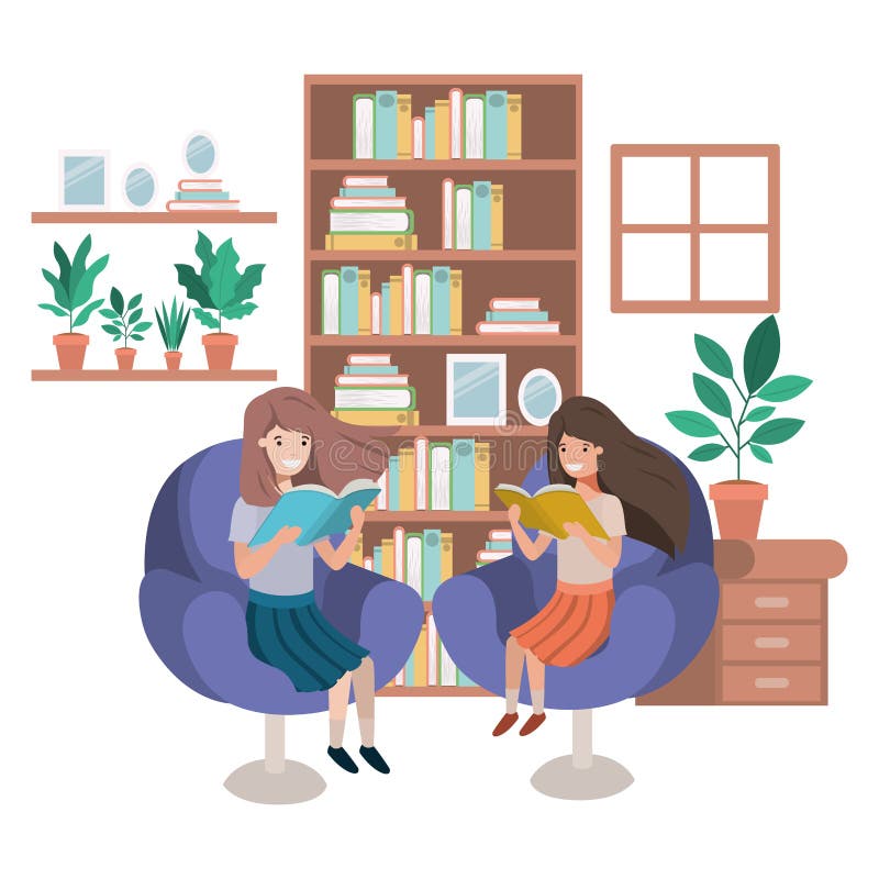 Women with book in livingroom avatar character vector illustration desing