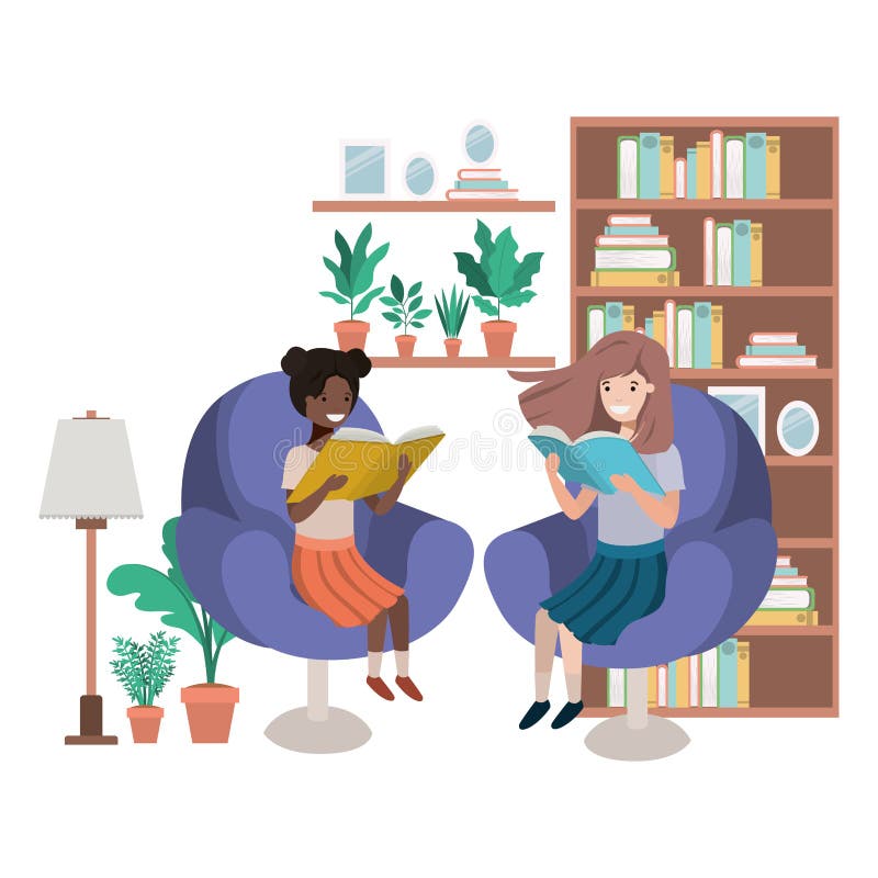 Women with book in livingroom avatar character vector illustration desing