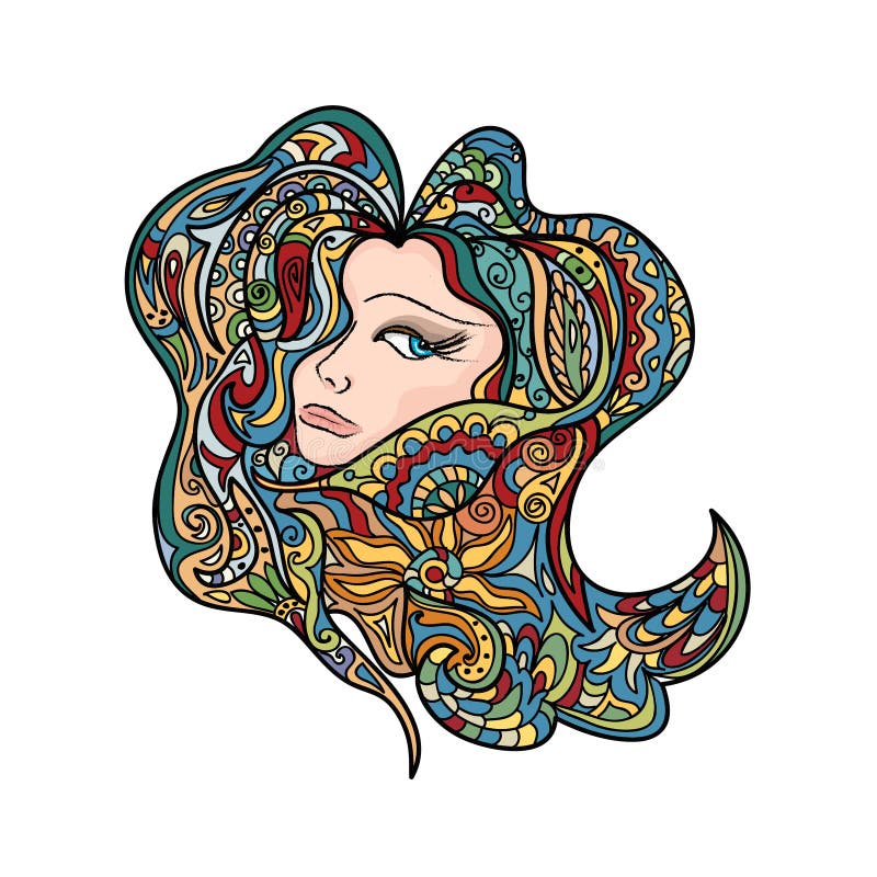 Women Colored Head Abstract Mandala Zentangle Stock Illustration