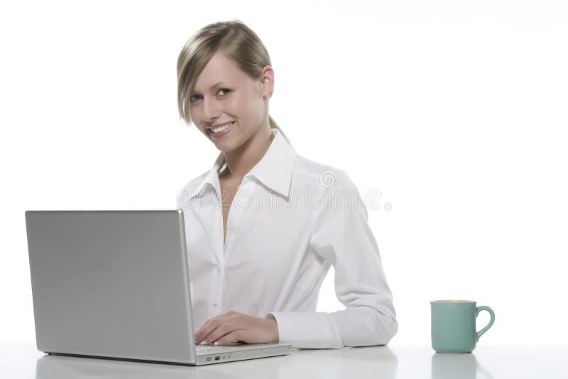 Women with cup of coffee and computers