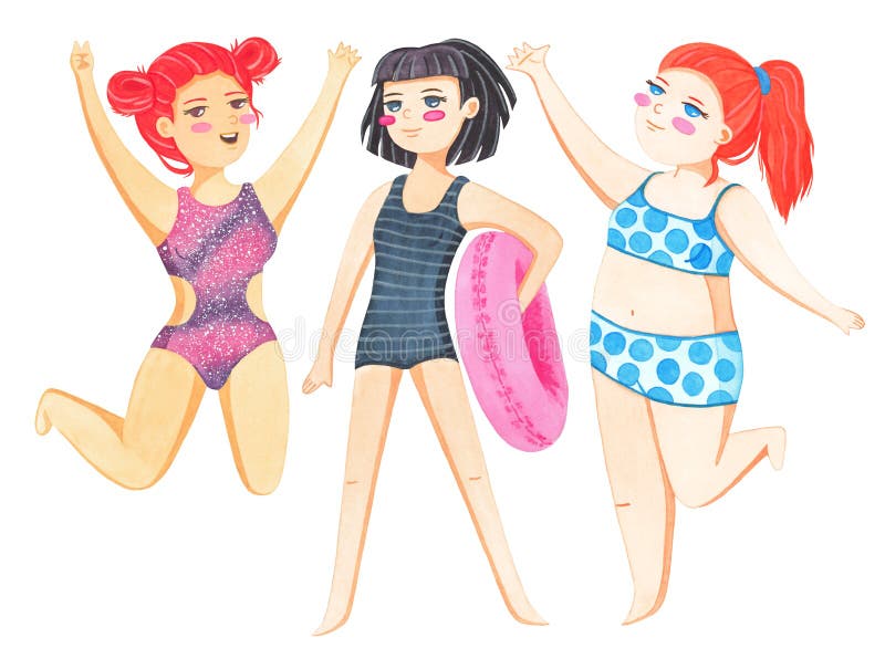 Women of different figure type and size dressed in swimsuits. Body positive concept set. Every body is beautiful royalty free illustration Women of different figure type and size dressed in swimsuits. Body positive concept set. Every body is beautiful royalty free illustration