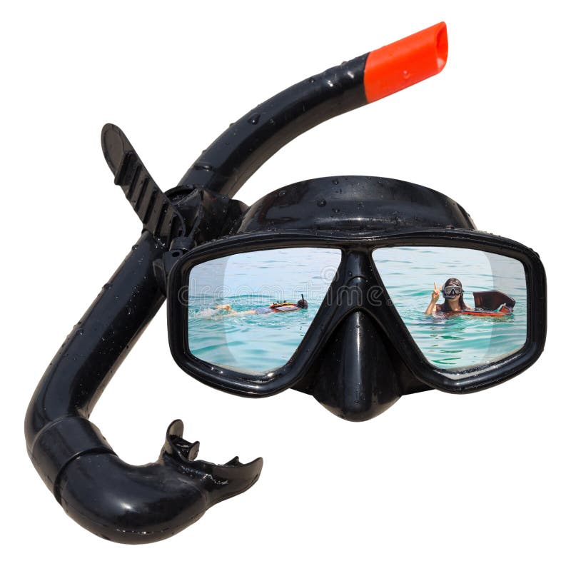 Women Diving at Ocean is Reflected in Diving Mask and Snorkel on the