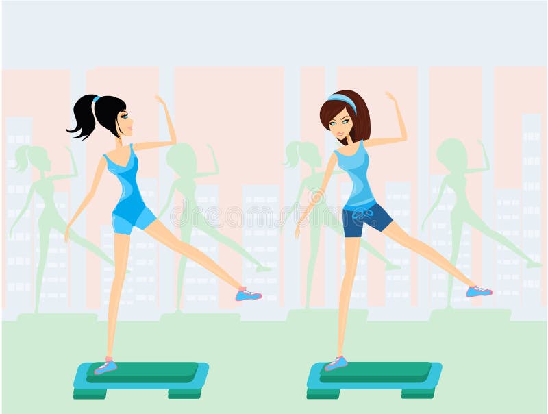 Girls doing exercise on aerobic step royalty free illustration