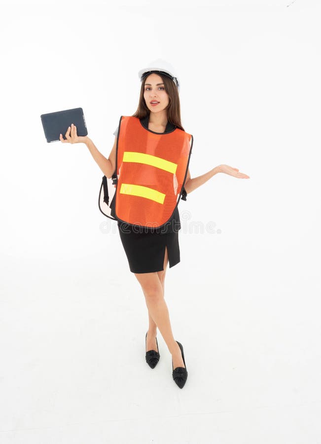 Women dressed in skirts and T-shirts and waistcoats Wear shoes Wear an orange reflective jacket and a construction helmet Holding stock images Women dressed in skirts and T-shirts and waistcoats Wear shoes Wear an orange reflective jacket and a construction helmet Holding stock images
